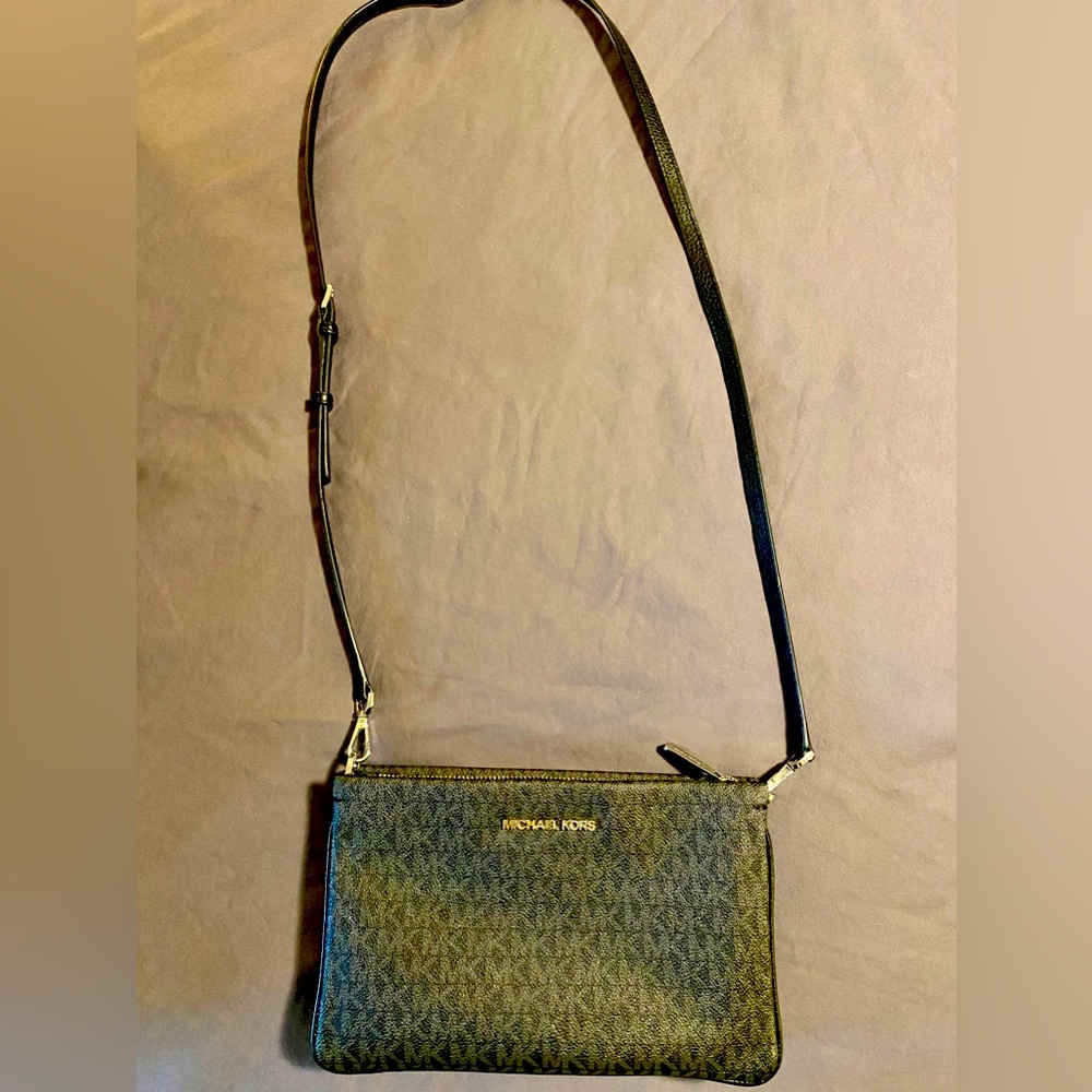 Authentic MK monogrammed logo crossbody bag. Black pebbled leather. Mint.